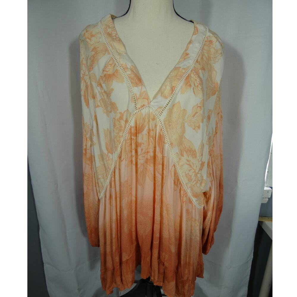 Penelope Rose 3X Flowy Ombre Blouse 3/4 Sleeves Pleated Deep V-Neckline Boho